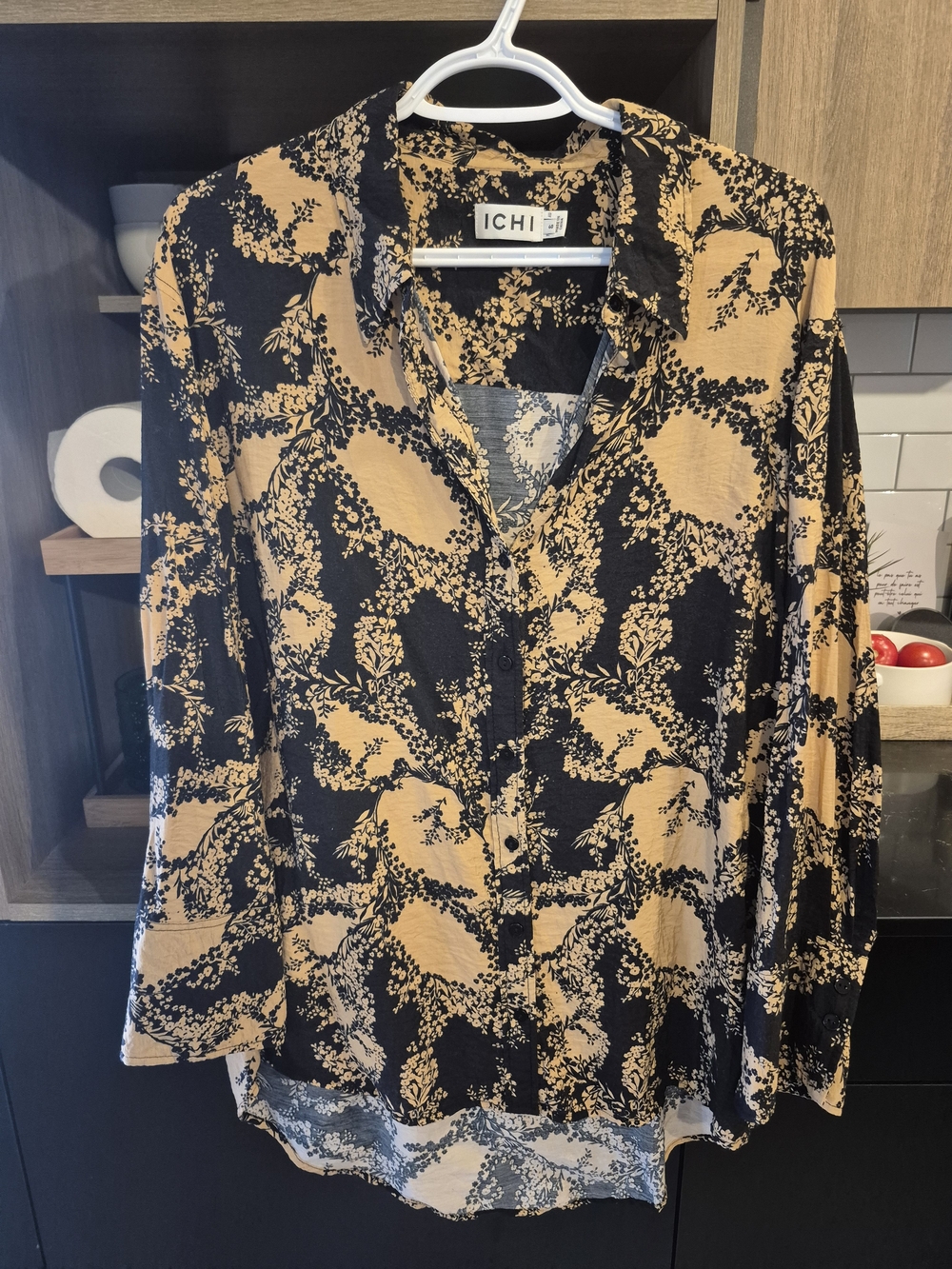ICHI Black and Tan Floral-Print Button Down Shirt